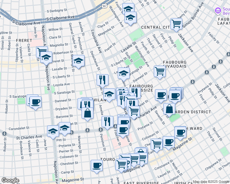 map of restaurants, bars, coffee shops, grocery stores, and more near 1838 Louisiana Avenue in New Orleans