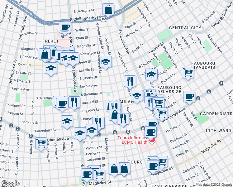 map of restaurants, bars, coffee shops, grocery stores, and more near 2007 General Taylor in New Orleans