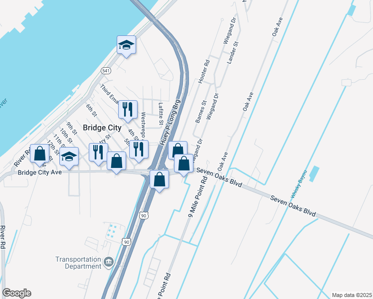 map of restaurants, bars, coffee shops, grocery stores, and more near 1312 Bolo Court in Bridge City