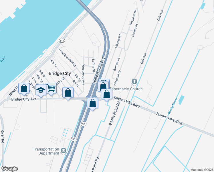 map of restaurants, bars, coffee shops, grocery stores, and more near 1312 Bolo Court in Bridge City