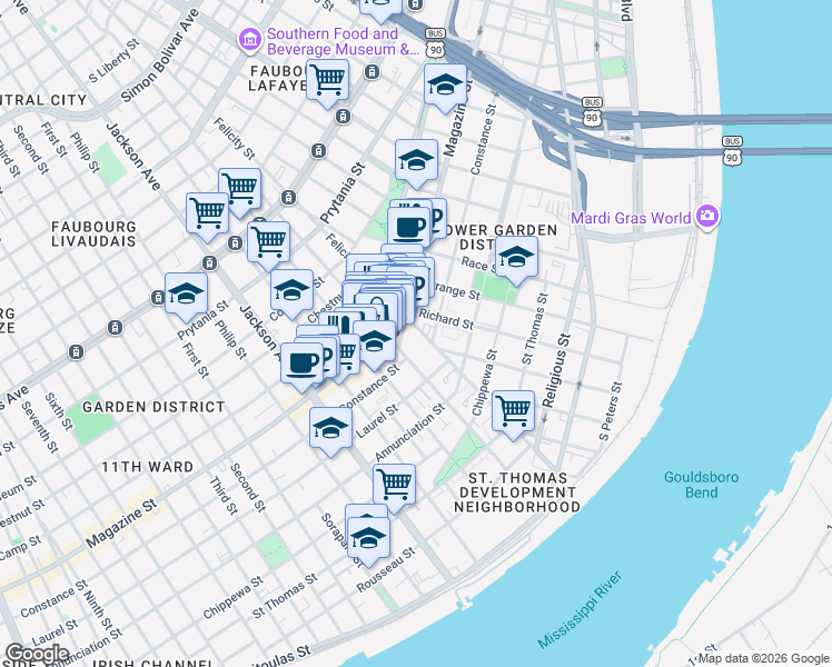 map of restaurants, bars, coffee shops, grocery stores, and more near 962 Felicity Street in New Orleans