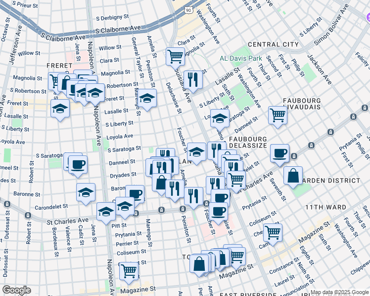 map of restaurants, bars, coffee shops, grocery stores, and more near 3700 Danneel Street in New Orleans