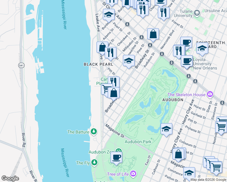 map of restaurants, bars, coffee shops, grocery stores, and more near 259 Broadway Street in New Orleans