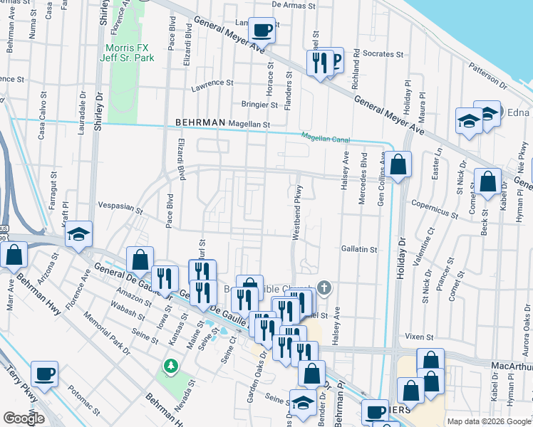 map of restaurants, bars, coffee shops, grocery stores, and more near 2020 Cypress Acres Drive in New Orleans