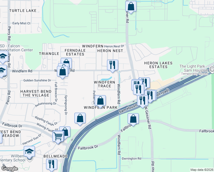 map of restaurants, bars, coffee shops, grocery stores, and more near 8911 Windfern Trace Drive in Houston