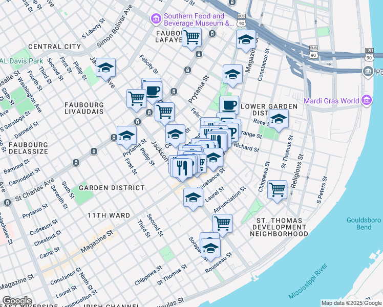 map of restaurants, bars, coffee shops, grocery stores, and more near in New Orleans
