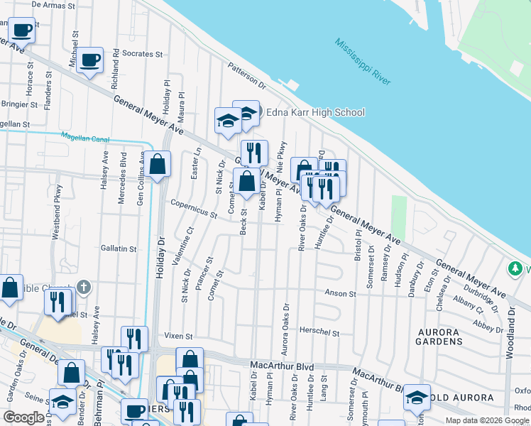 map of restaurants, bars, coffee shops, grocery stores, and more near 1300 Kabel Drive in New Orleans