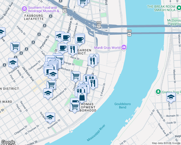 map of restaurants, bars, coffee shops, grocery stores, and more near 648 Richard Street in New Orleans