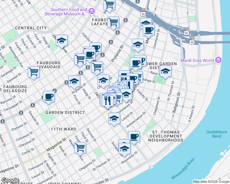 map of restaurants, bars, coffee shops, grocery stores, and more near in New Orleans