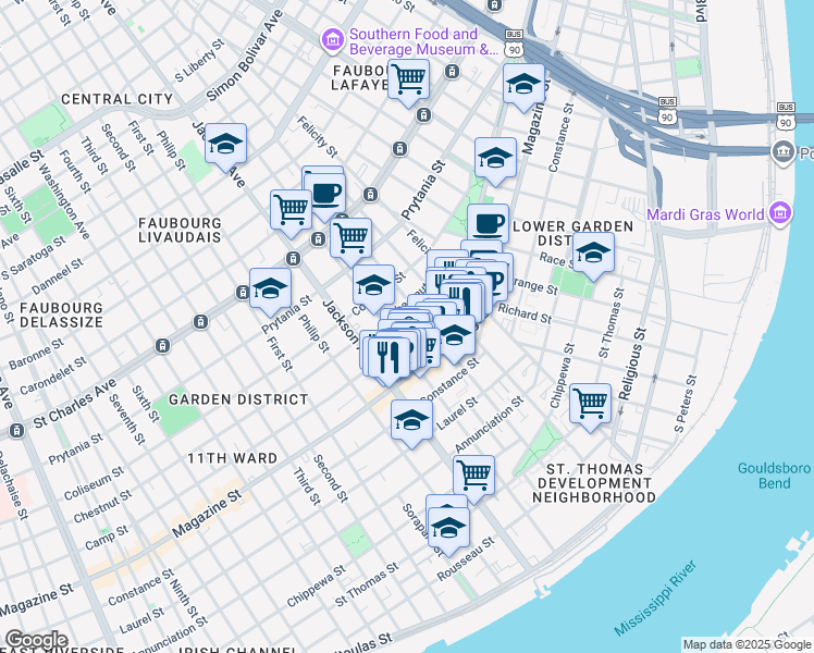 map of restaurants, bars, coffee shops, grocery stores, and more near in New Orleans