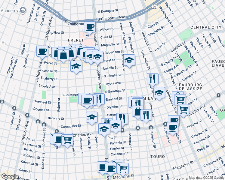 map of restaurants, bars, coffee shops, grocery stores, and more near 2008 Milan Street in New Orleans