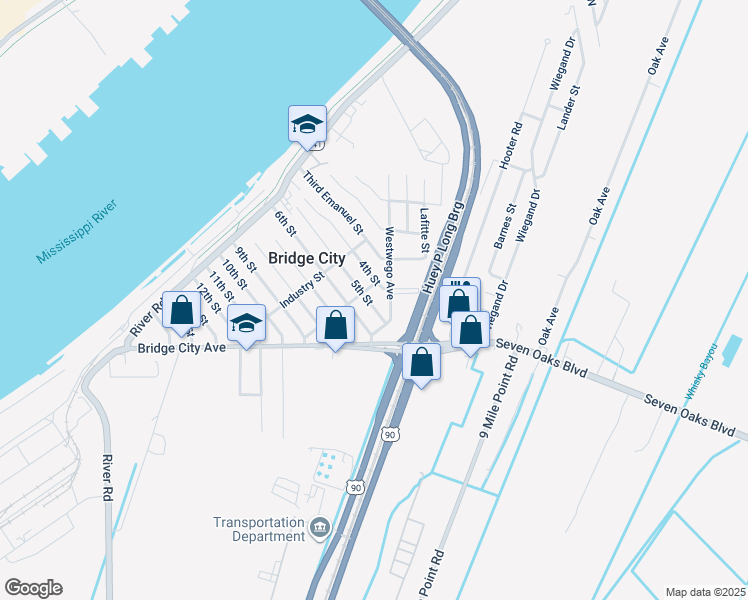 map of restaurants, bars, coffee shops, grocery stores, and more near 1140 Westwego Avenue in Bridge City