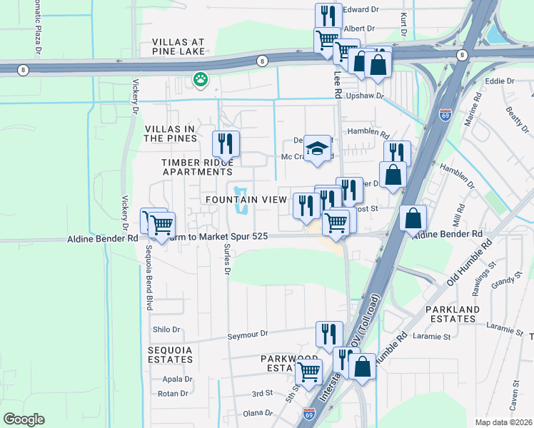 map of restaurants, bars, coffee shops, grocery stores, and more near 5522 Vickita Drive in Houston