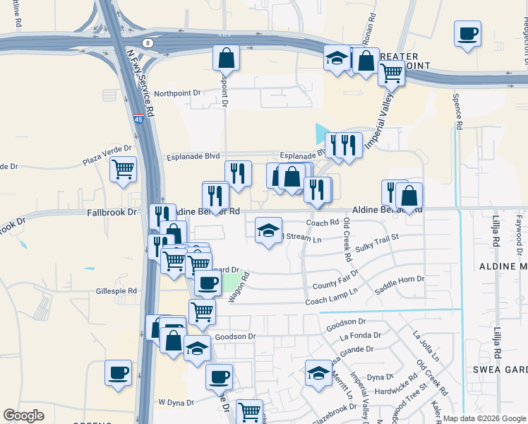 map of restaurants, bars, coffee shops, grocery stores, and more near 134 Coach Road in Houston
