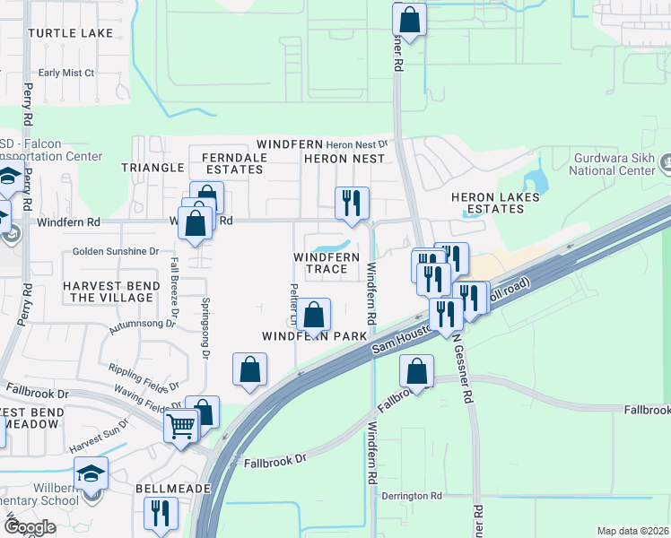 map of restaurants, bars, coffee shops, grocery stores, and more near 8911 Windfern Trace Drive in Houston