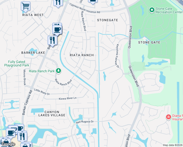 map of restaurants, bars, coffee shops, grocery stores, and more near 17203 Laguna Trail Drive in Houston