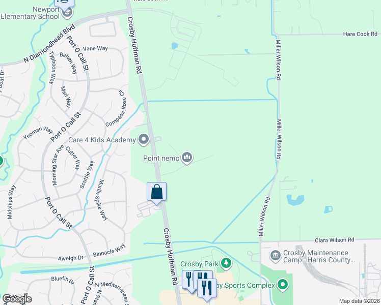 map of restaurants, bars, coffee shops, grocery stores, and more near 17326 Farm to Market 2100 in Crosby