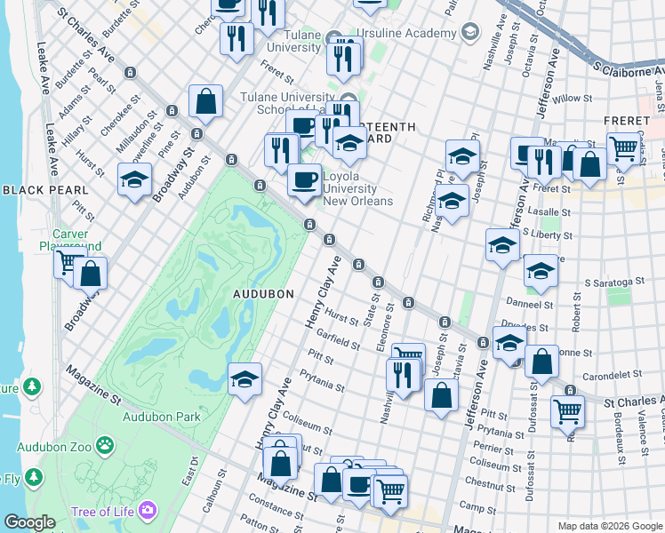 map of restaurants, bars, coffee shops, grocery stores, and more near 1576 Henry Clay Avenue in New Orleans