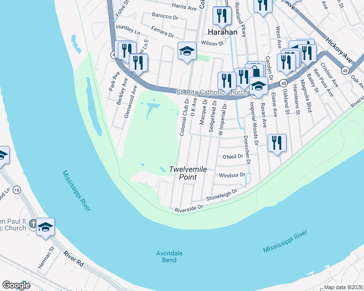 map of restaurants, bars, coffee shops, grocery stores, and more near 131 Colonial Club Drive in Harahan