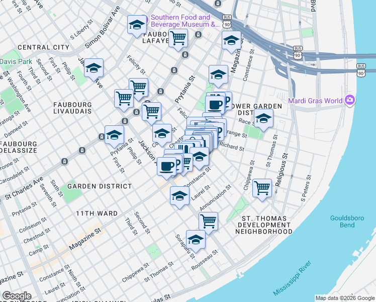 map of restaurants, bars, coffee shops, grocery stores, and more near 1204 Saint Mary Street in New Orleans
