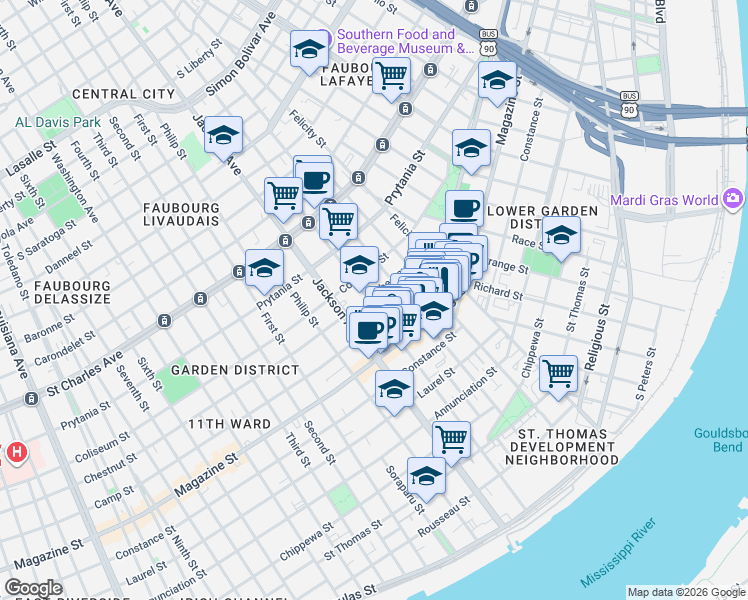 map of restaurants, bars, coffee shops, grocery stores, and more near 1300 Saint Andrew Street in New Orleans