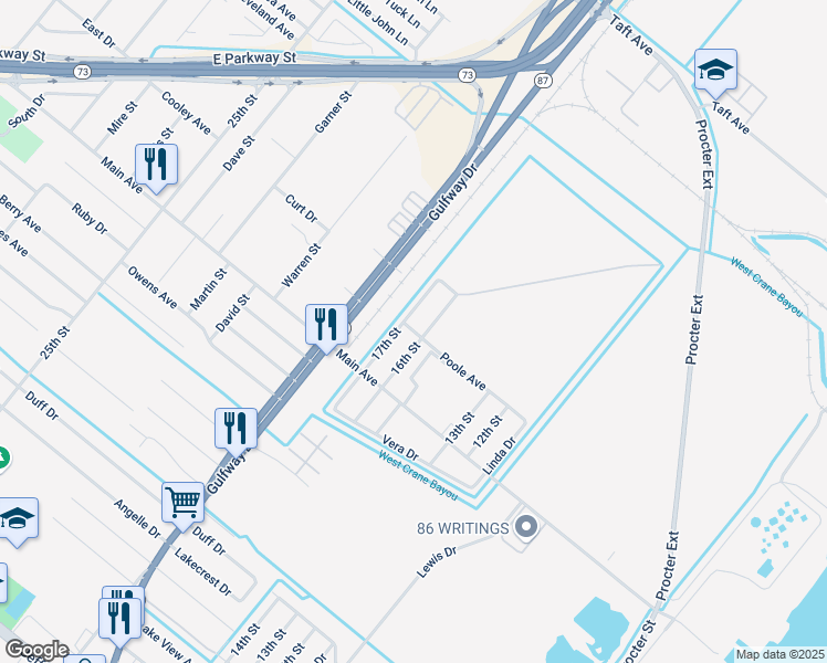 map of restaurants, bars, coffee shops, grocery stores, and more near 6218 17th Street in Port Arthur