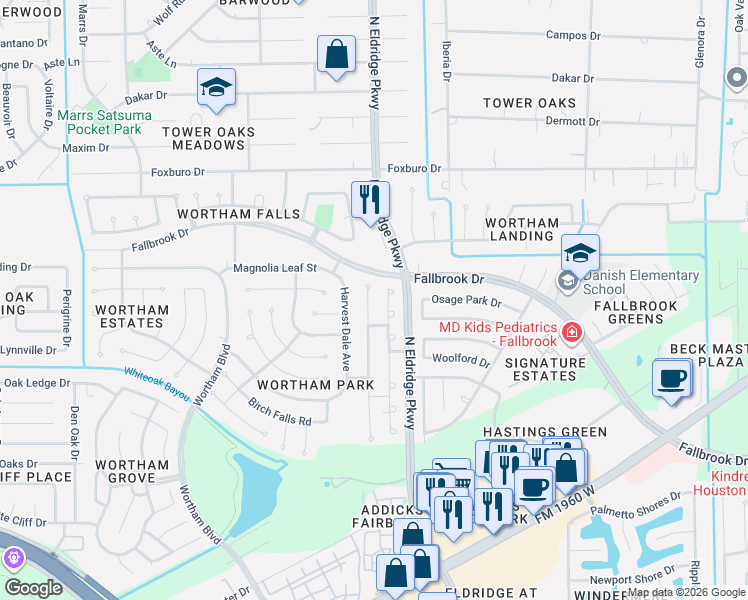map of restaurants, bars, coffee shops, grocery stores, and more near 11339 Hillside Glen Trail in Houston