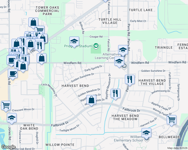 map of restaurants, bars, coffee shops, grocery stores, and more near 9919 Golden Sunshine Drive in Houston