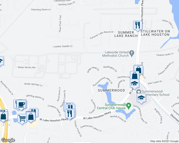 map of restaurants, bars, coffee shops, grocery stores, and more near 14611 Kings Head Drive in Houston