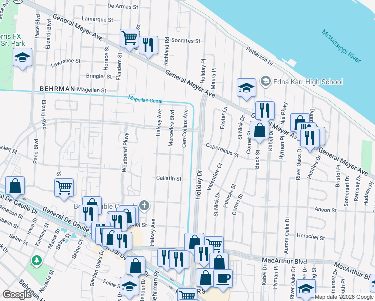 map of restaurants, bars, coffee shops, grocery stores, and more near 2111 Gen Collins Avenue in New Orleans