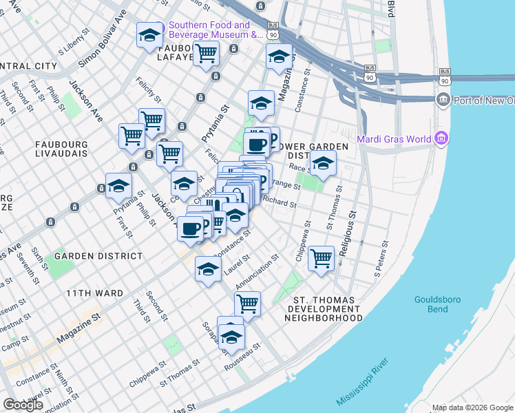 map of restaurants, bars, coffee shops, grocery stores, and more near in New Orleans