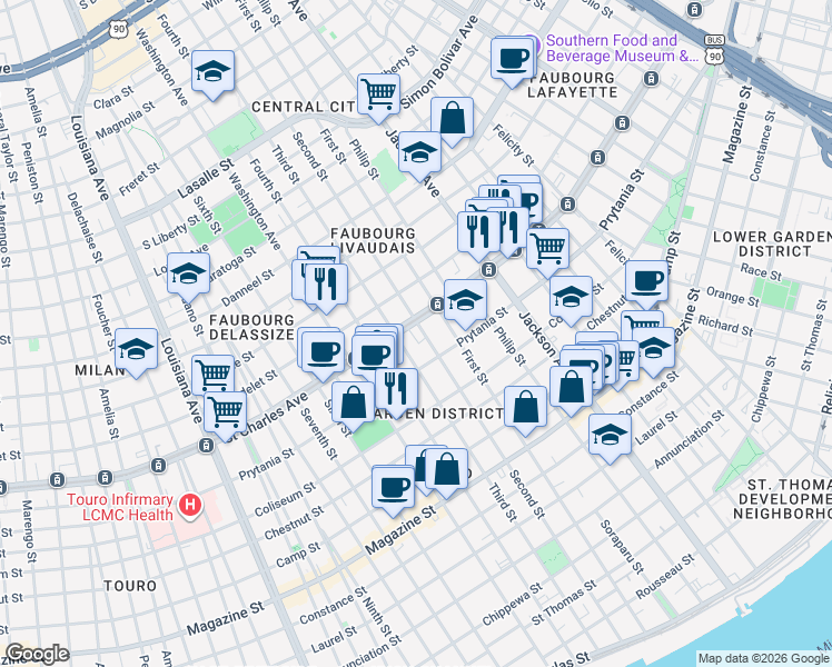 map of restaurants, bars, coffee shops, grocery stores, and more near 1550 Second Street in New Orleans