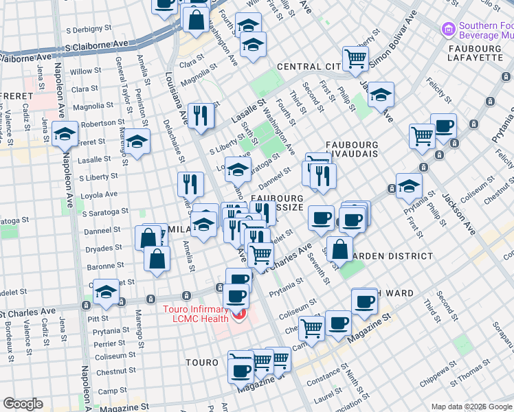 map of restaurants, bars, coffee shops, grocery stores, and more near 3200 Danneel Street in New Orleans