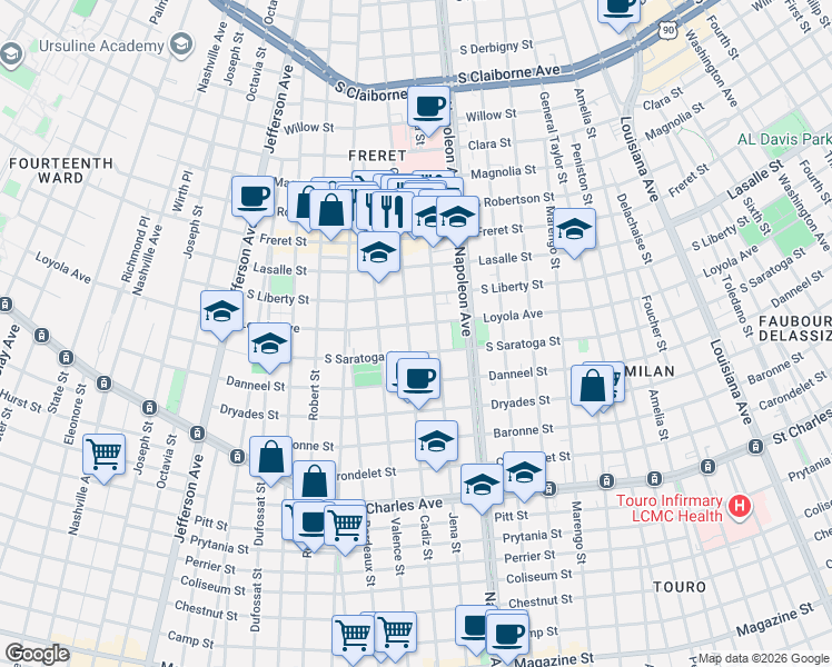map of restaurants, bars, coffee shops, grocery stores, and more near 2219 Cadiz Street in New Orleans