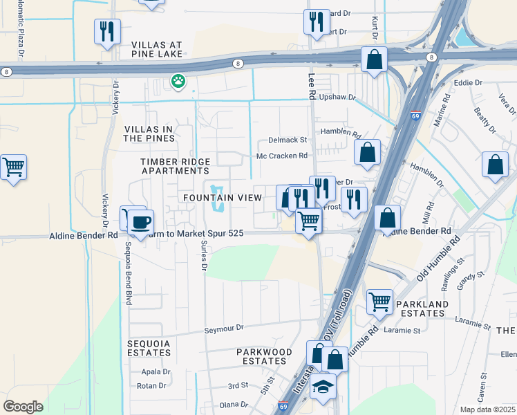 map of restaurants, bars, coffee shops, grocery stores, and more near 5522 Cannonway Drive in Houston