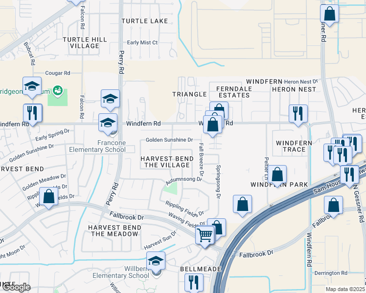 map of restaurants, bars, coffee shops, grocery stores, and more near 9150 Golden Sunshine Drive in Houston