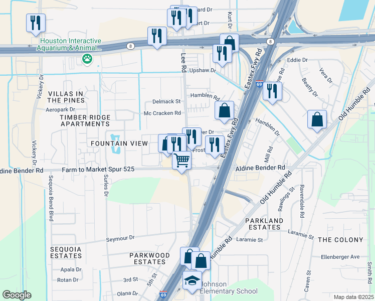 map of restaurants, bars, coffee shops, grocery stores, and more near 4450 Frost Street in Humble