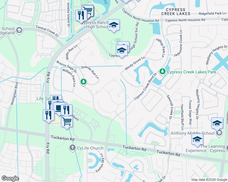 map of restaurants, bars, coffee shops, grocery stores, and more near 10315 Easterly Lane in Cypress