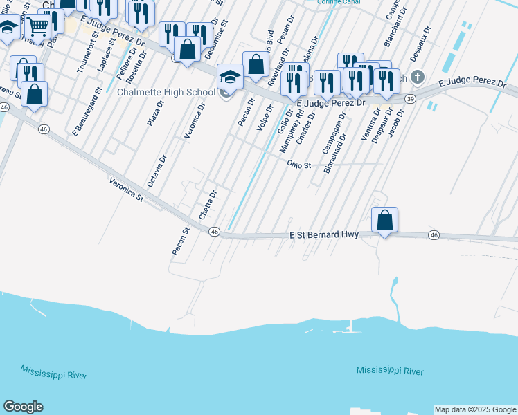 map of restaurants, bars, coffee shops, grocery stores, and more near 2201 Gallo Drive in Chalmette