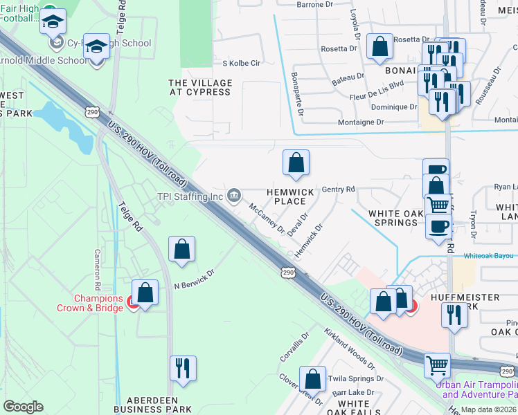 map of restaurants, bars, coffee shops, grocery stores, and more near 10515 Ladino Road in Cypress