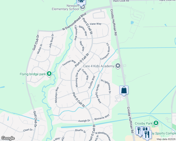 map of restaurants, bars, coffee shops, grocery stores, and more near 423 Dorsal Way in Crosby