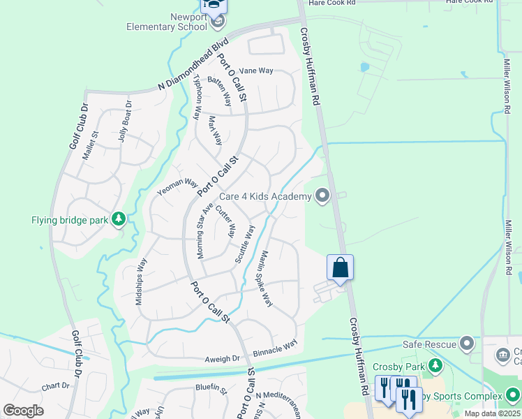 map of restaurants, bars, coffee shops, grocery stores, and more near 402 Salt Wind Court in Crosby