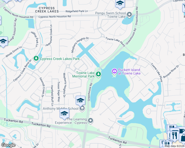 map of restaurants, bars, coffee shops, grocery stores, and more near North Sunrise Shores Lane in Cypress