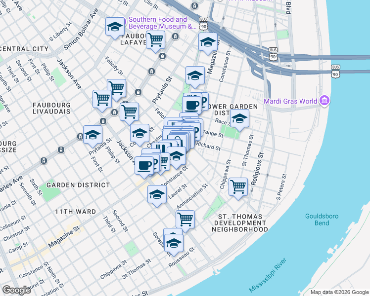 map of restaurants, bars, coffee shops, grocery stores, and more near in New Orleans