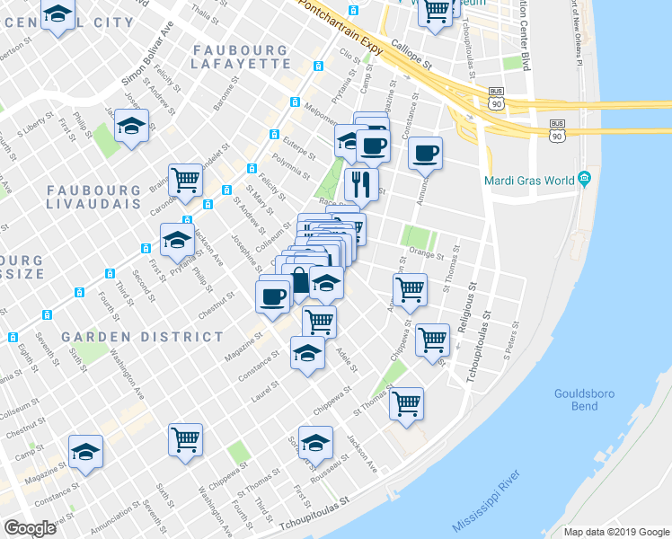 map of restaurants, bars, coffee shops, grocery stores, and more near in New Orleans