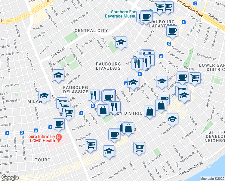 map of restaurants, bars, coffee shops, grocery stores, and more near 2501 Saint Charles Avenue in New Orleans