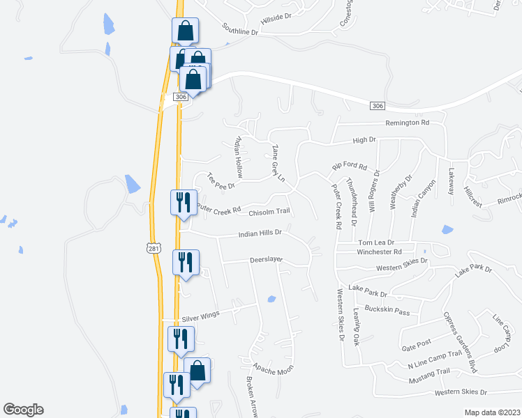 map of restaurants, bars, coffee shops, grocery stores, and more near 2504 Puter Creek Road in Spring Branch