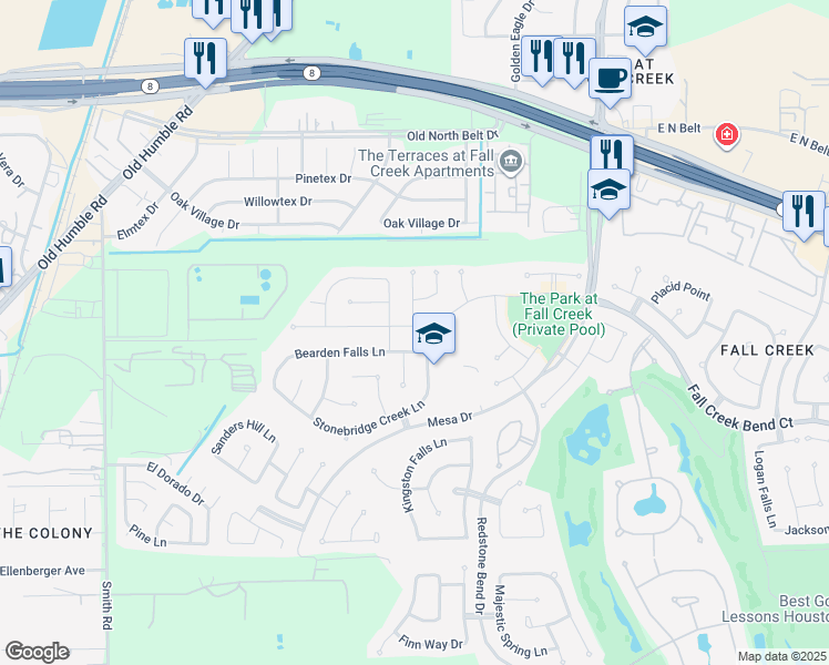 map of restaurants, bars, coffee shops, grocery stores, and more near 7510 Fall Creek Bend in Humble