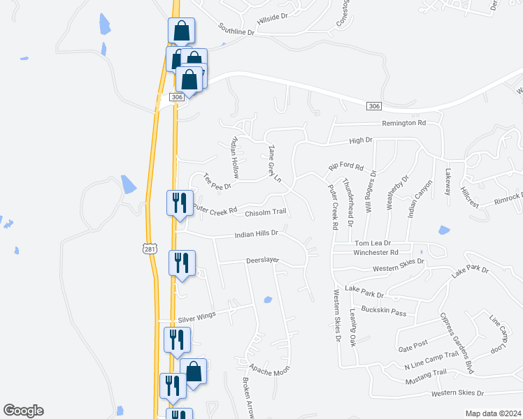 map of restaurants, bars, coffee shops, grocery stores, and more near 2516 Puter Creek Road in Spring Branch