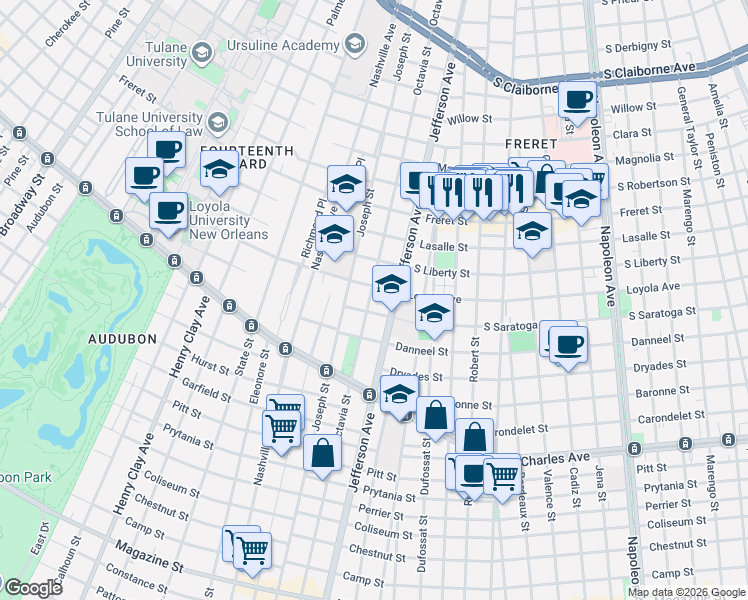 map of restaurants, bars, coffee shops, grocery stores, and more near 5417 Loyola Avenue in New Orleans